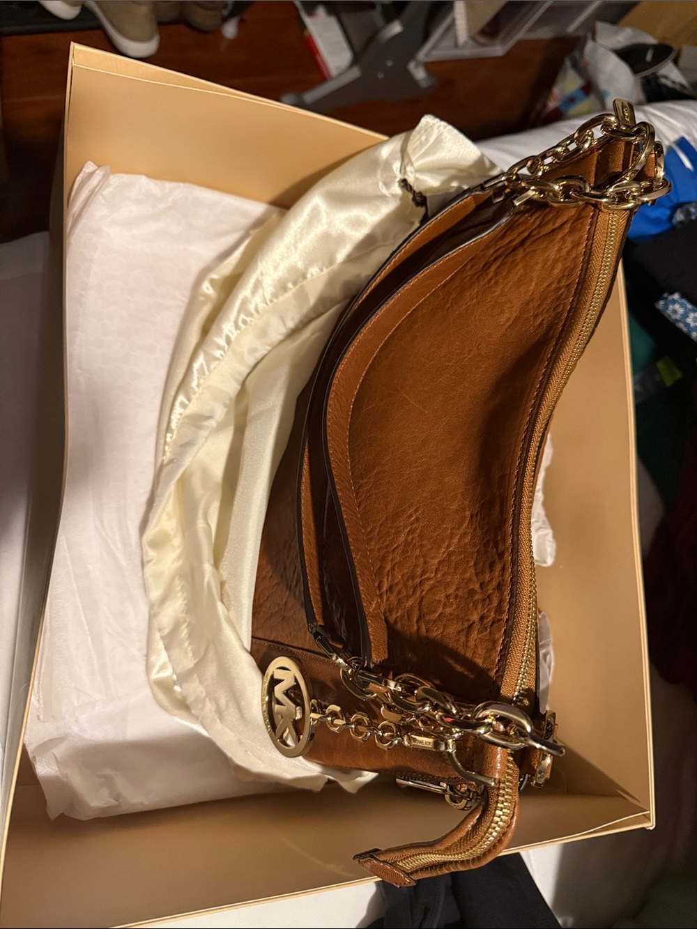 Michael Kors Tan Leather Shoulder Bag with Gold Chain
